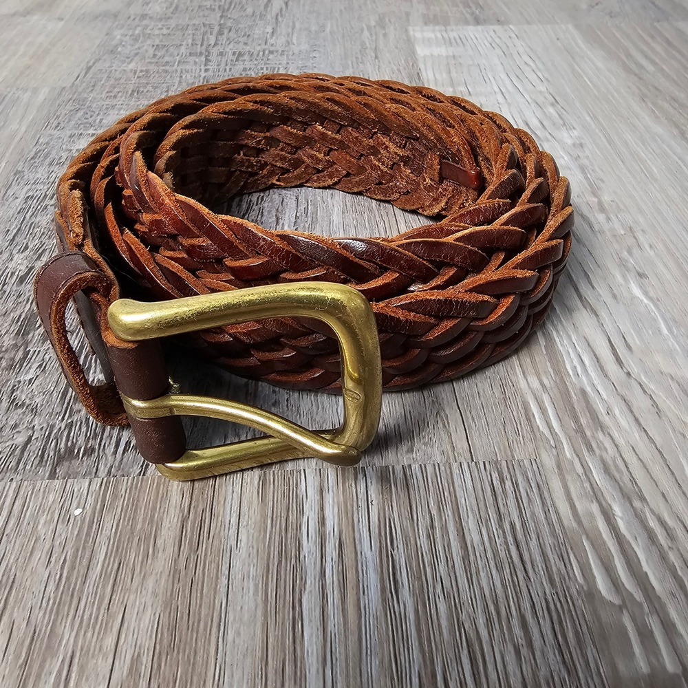 Eddie Bauer Women Braided Genuine Leather Belt L Brown Solid Brass Boho